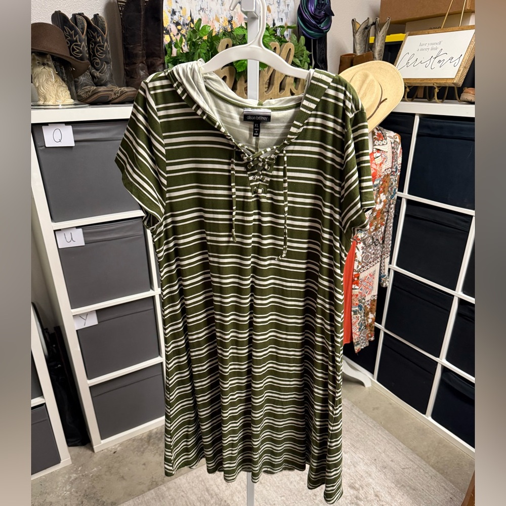Allison Brittney Olive Green Striped Lace-Up Hooded Women’s Dress